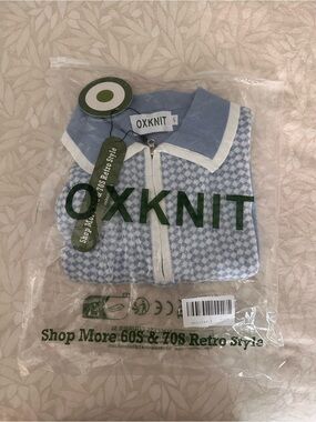 OXKNIT Light Blue Houndstooth Zip Polo Shirt